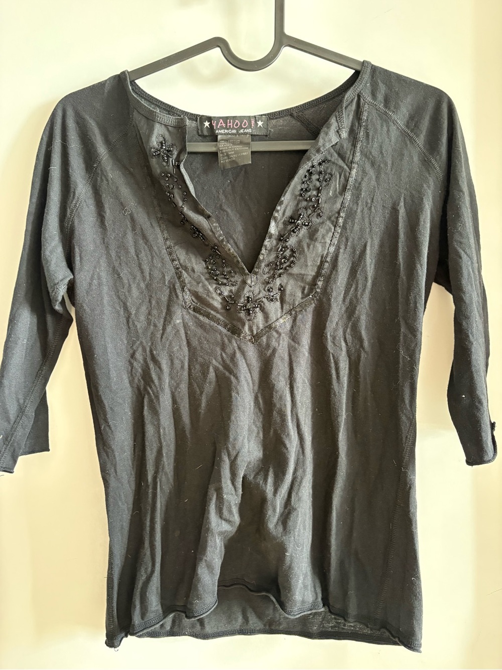 Black 100% Cotton Beaded 3/4 sleeve T Shirt boho whimsigoth